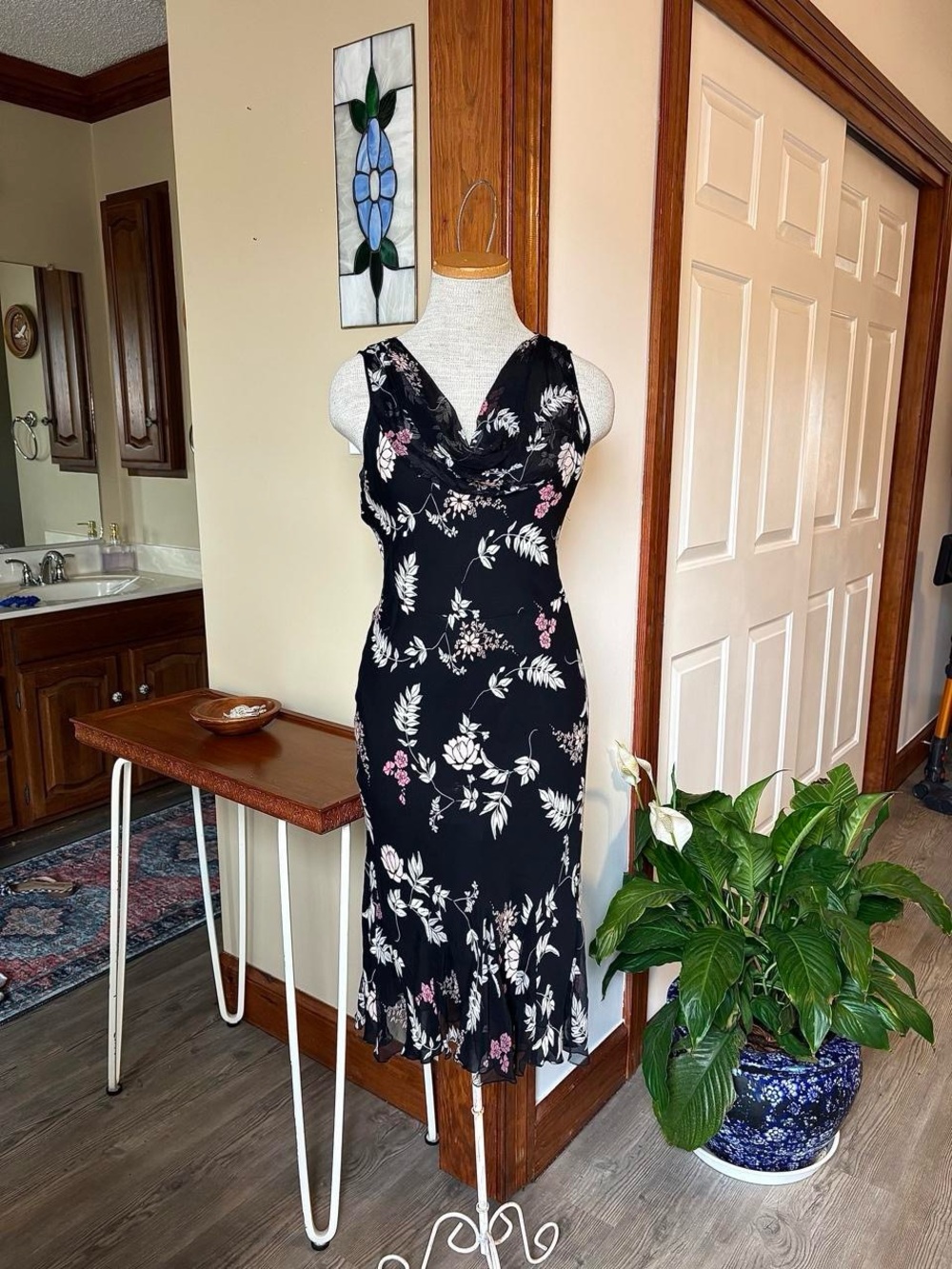 Vintage Black Alfani Black Floral Cowl-Neck Midi Dress with Pink & White Accents